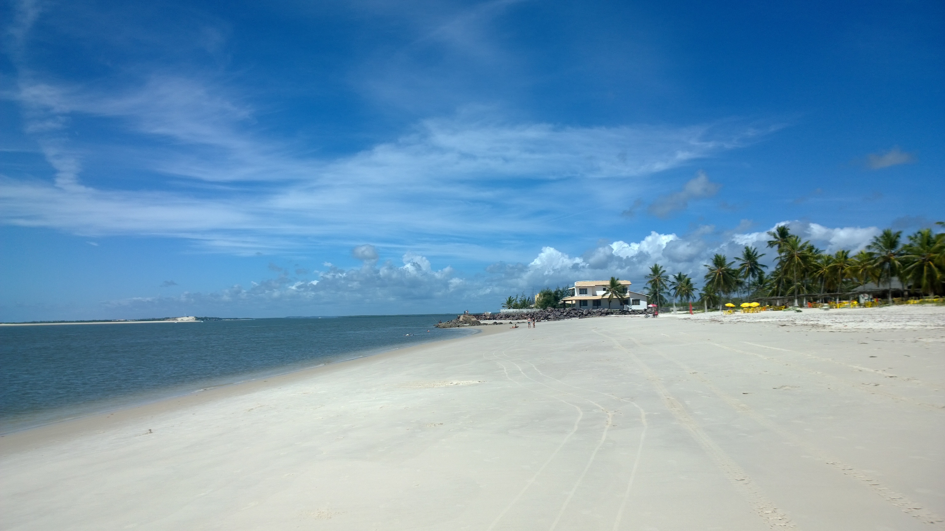 Faixa de areia clara, mar e coqueiros na Praia do Saco, em Sergipe
